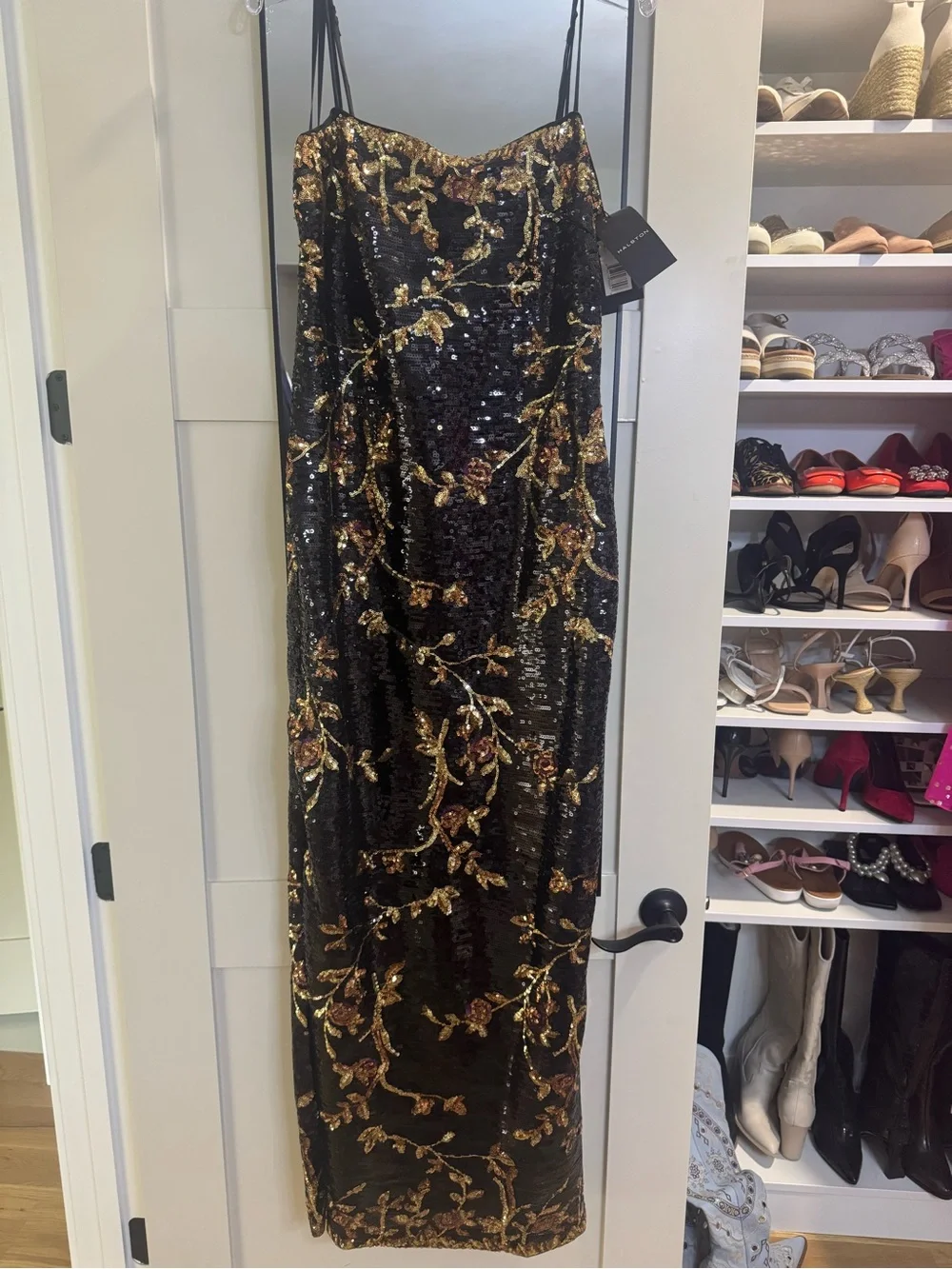 Halston Heritage Black Sequin Gown with Gold Floral Embroidery